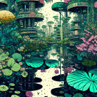 Detailed futuristic botanical garden illustration with lush flora and reflective water.