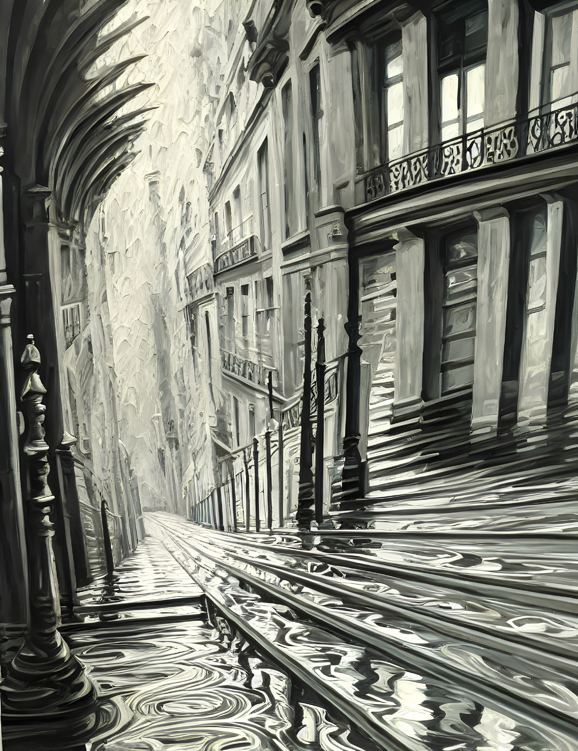 Monochrome painting of vintage European street scene