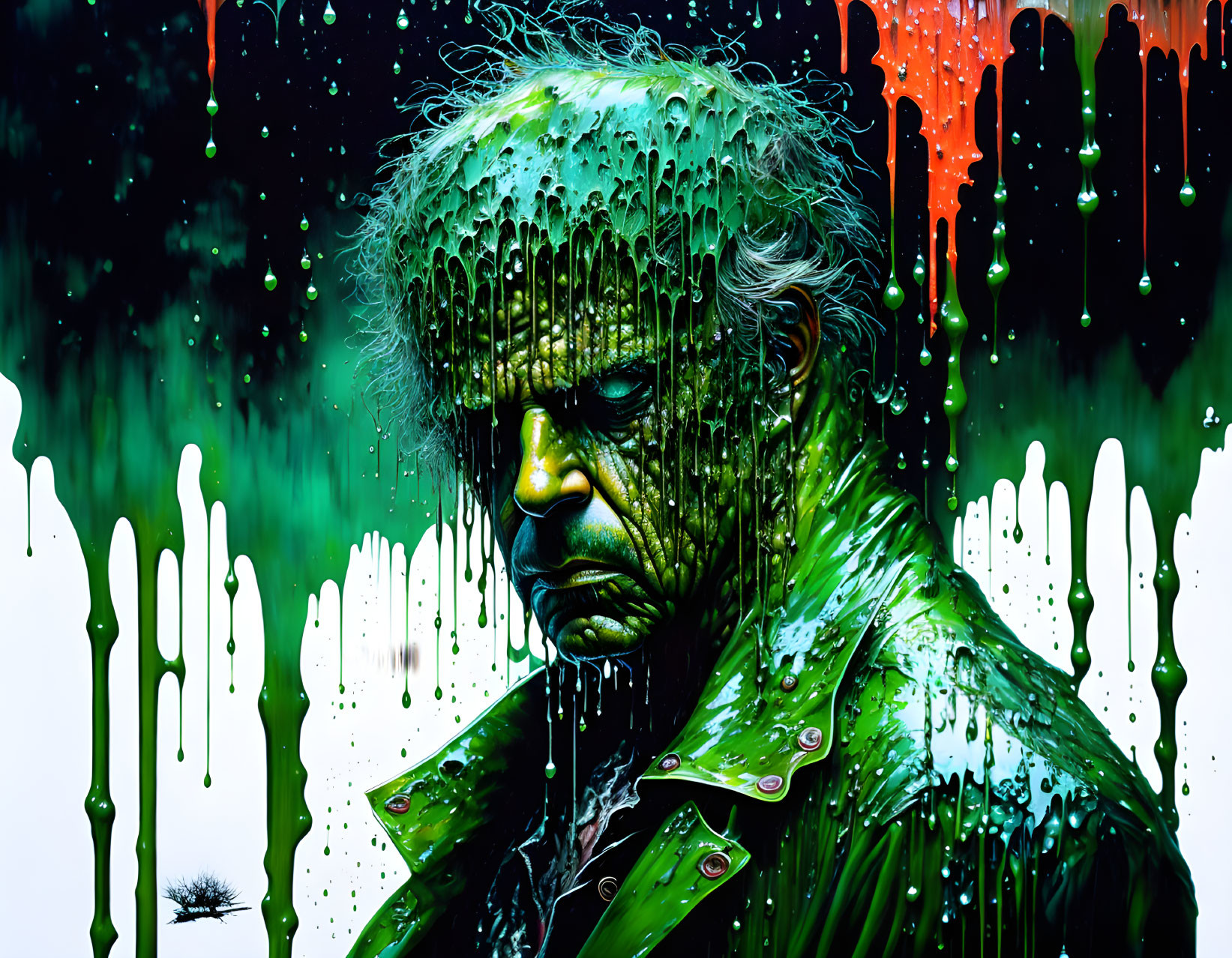 Person with green and black paint drips on face and coat against backdrop with matching patterns