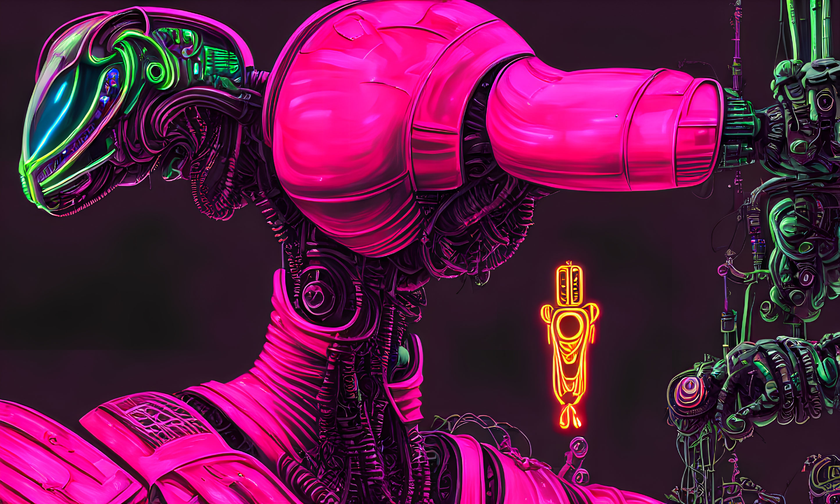 Colorful digital artwork: Pink and green robotic entity with mechanical details on dark backdrop.