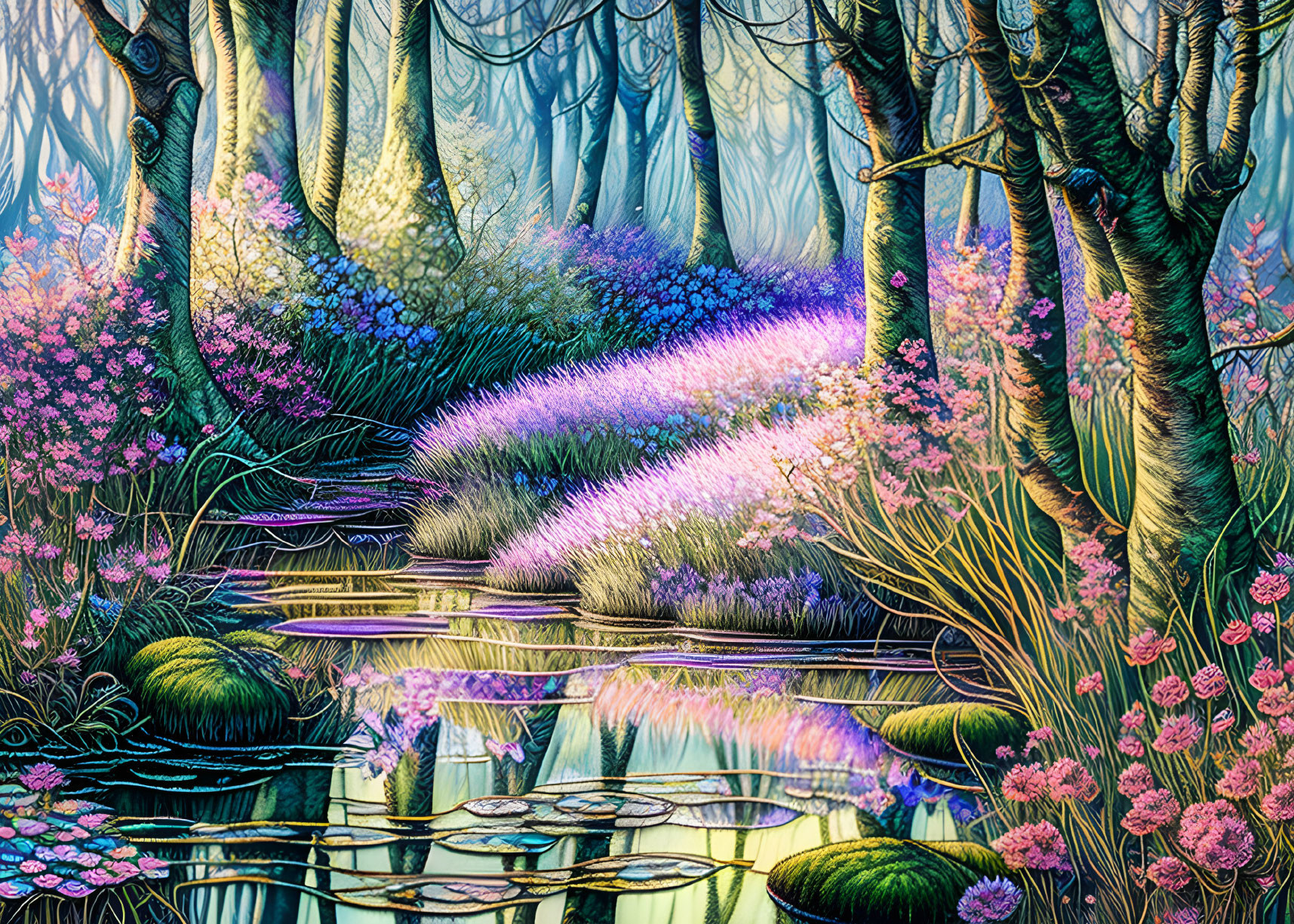 Colorful Fantasy Forest with Reflective Water & Magical Atmosphere