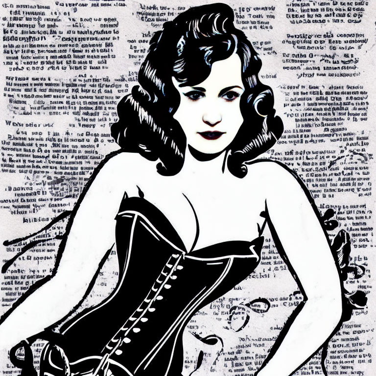 Monochrome illustration of woman with curly hair and corset on text background