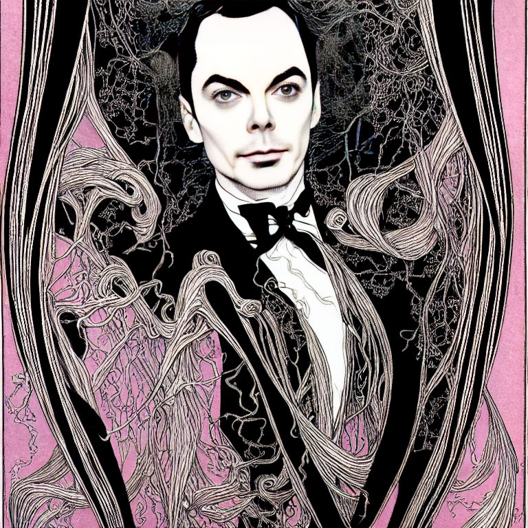 Person with Prominent Eyes and Bow Tie in Ornate Swirling Patterns on Pink and Black Background