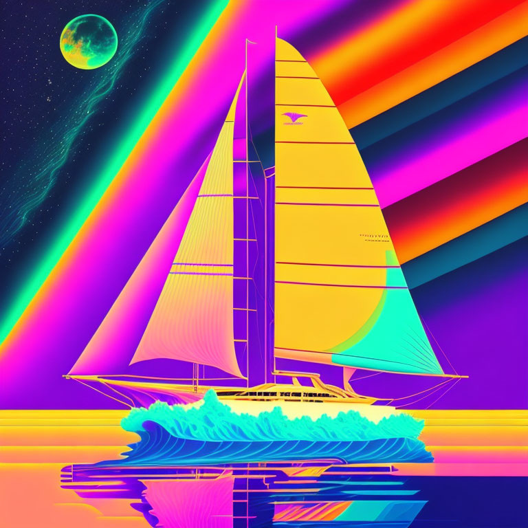 Colorful retro-futuristic sailboat illustration with neon water and striped skies.