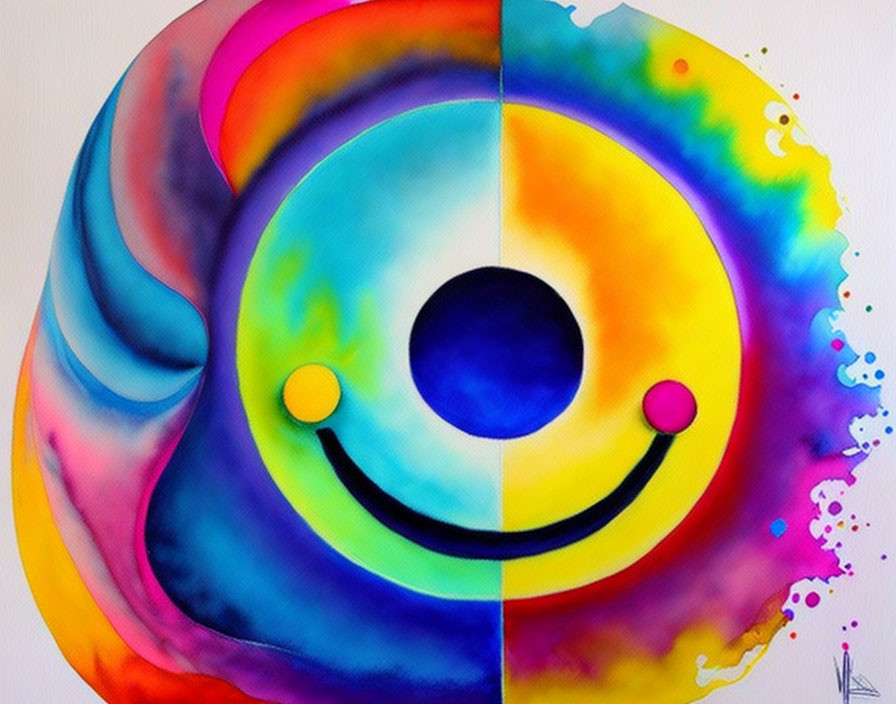 Vibrant Abstract Painting of Smiley Face on Ink Background