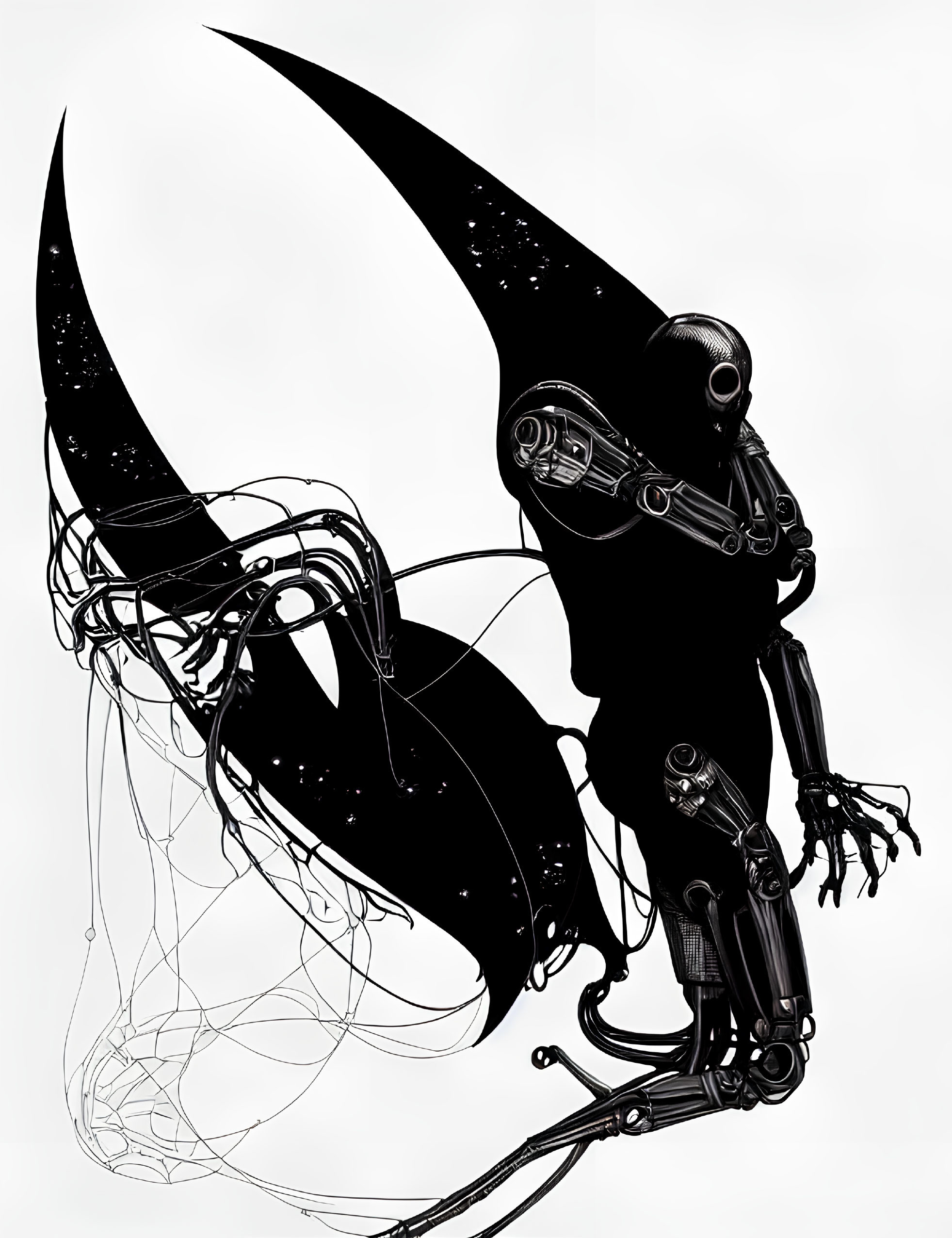 Detailed monochromatic humanoid robot illustration with flowing limbs and cosmic elements