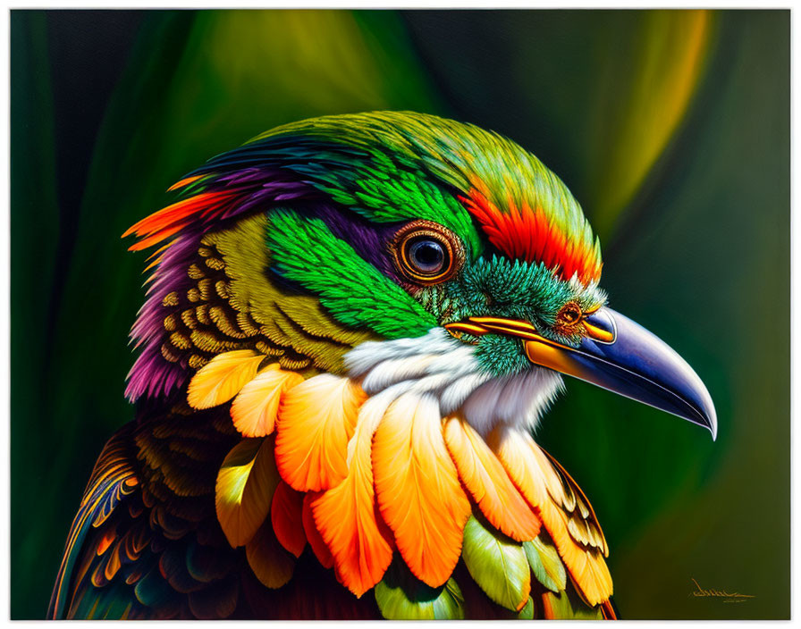 Vibrant bird portrait with colorful feathers on dark background