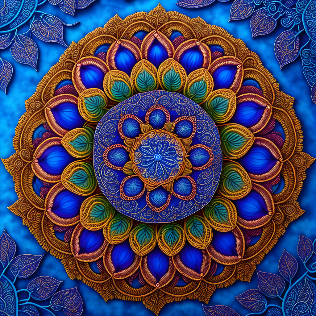 Intricate Blue and Golden Floral Mandala on Textured Blue Background