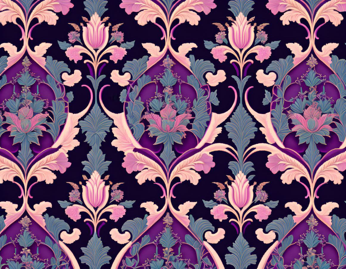 Symmetrical baroque floral pattern in pink, purple, and green on dark background