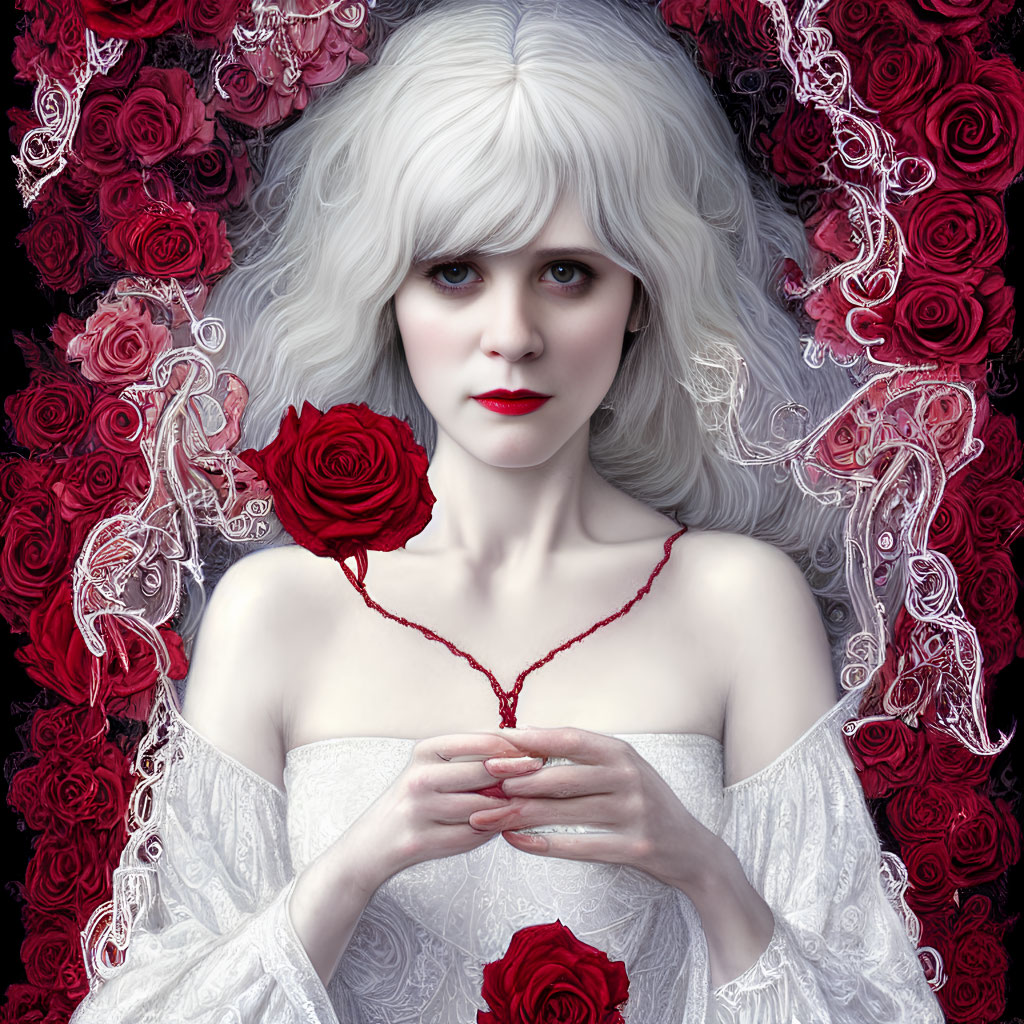 Pale Woman in White Hair and Lace Dress Surrounded by Red Roses