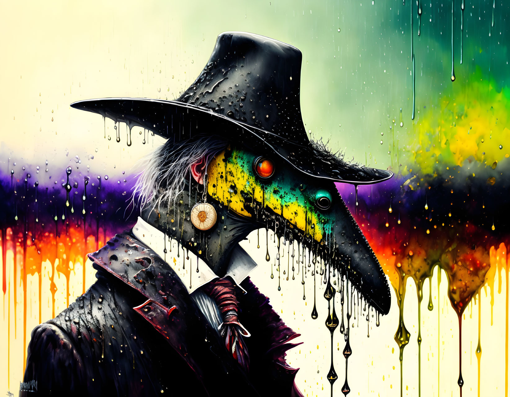 Vibrant Plague Doctor Artwork with Colorful Paint Drips