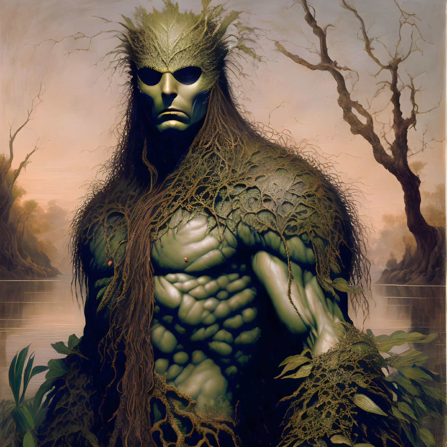 Green-skinned mythical figure with leafy mask in swamp landscape