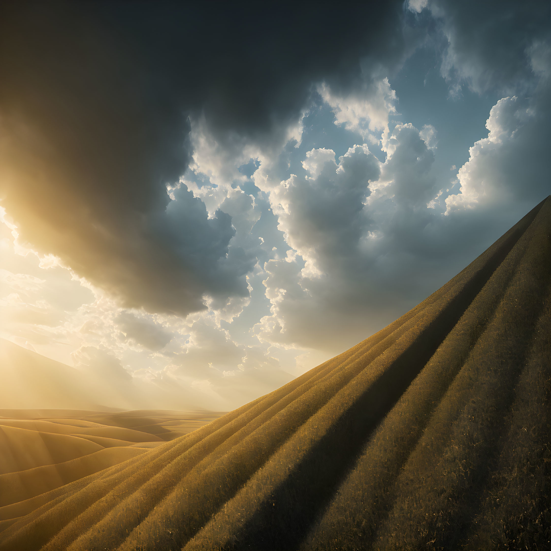 Dramatic Cloud-Filled Sky Over Golden Rolling Hills