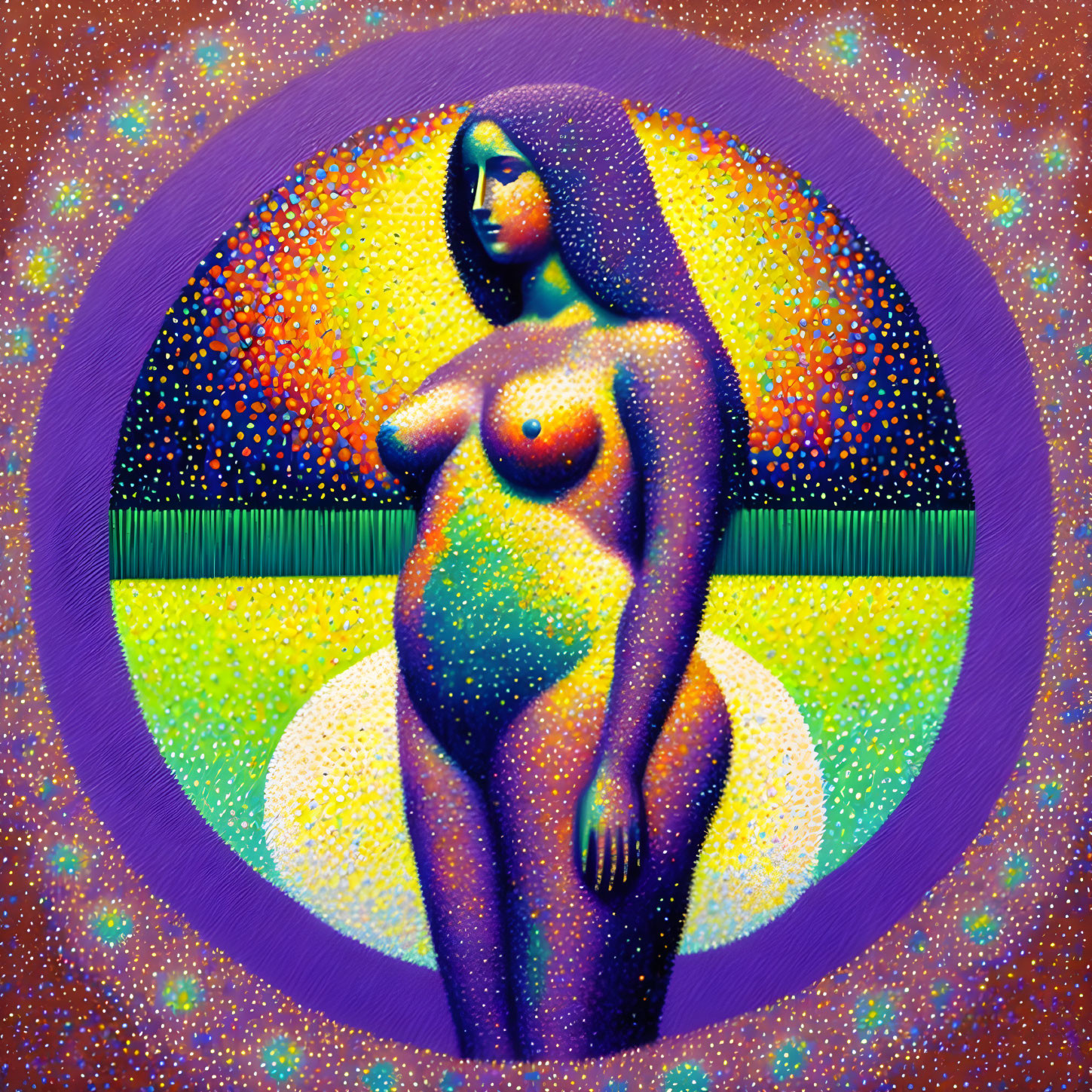 Vibrant pop art style pregnant woman against cosmic background