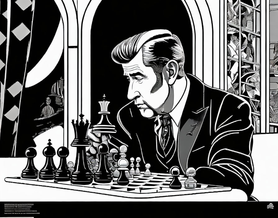 Monochrome illustration of man playing chess with stylized background.