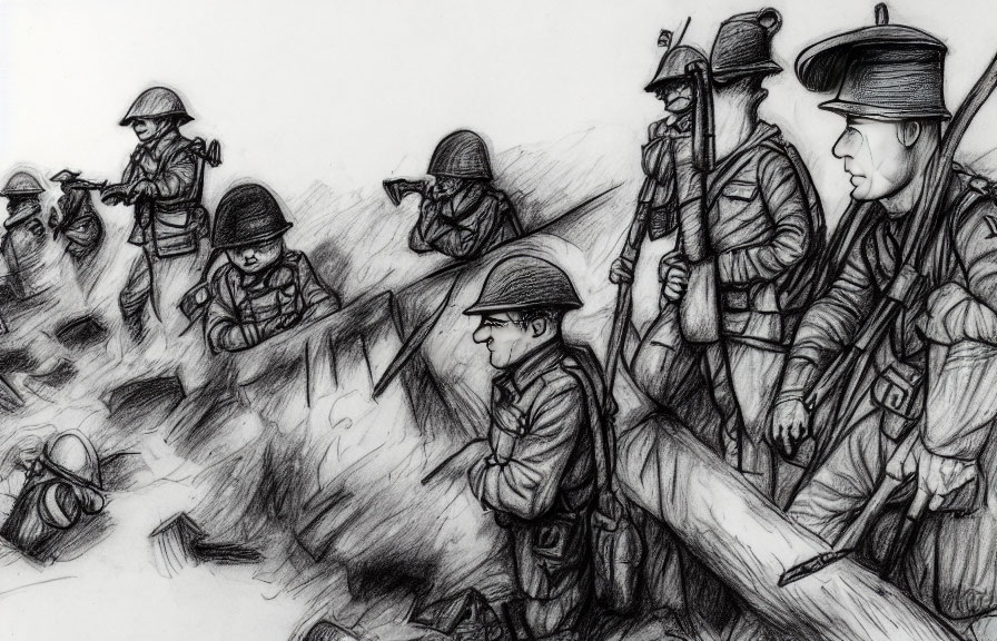 Detailed pencil sketch of soldiers in trench warfare with aiming rifles and commanding officer.