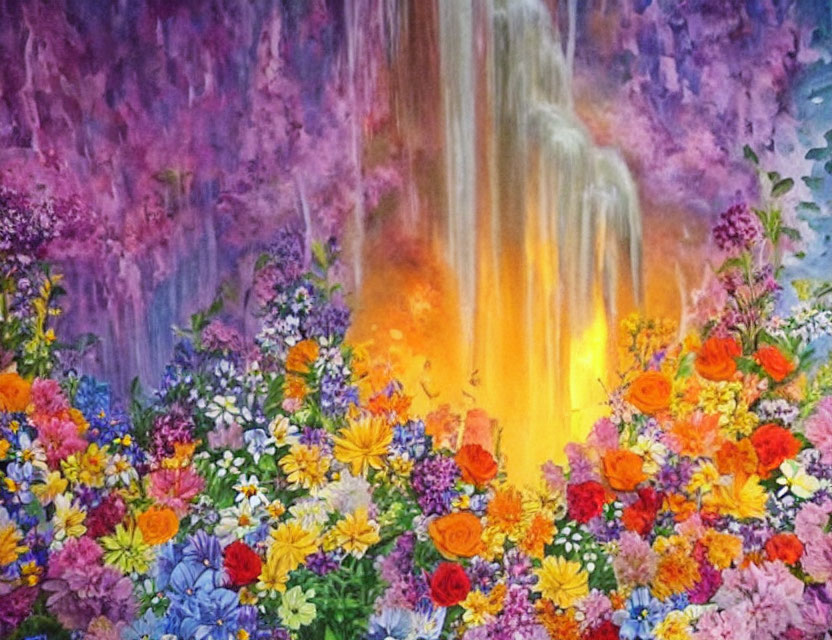 Colorful Watercolor Painting of Flowers and Golden Waterfall