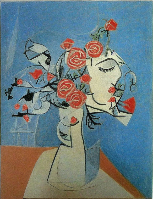 Stylistic Figure and Red Roses in Abstract Painting with Cubist Influence