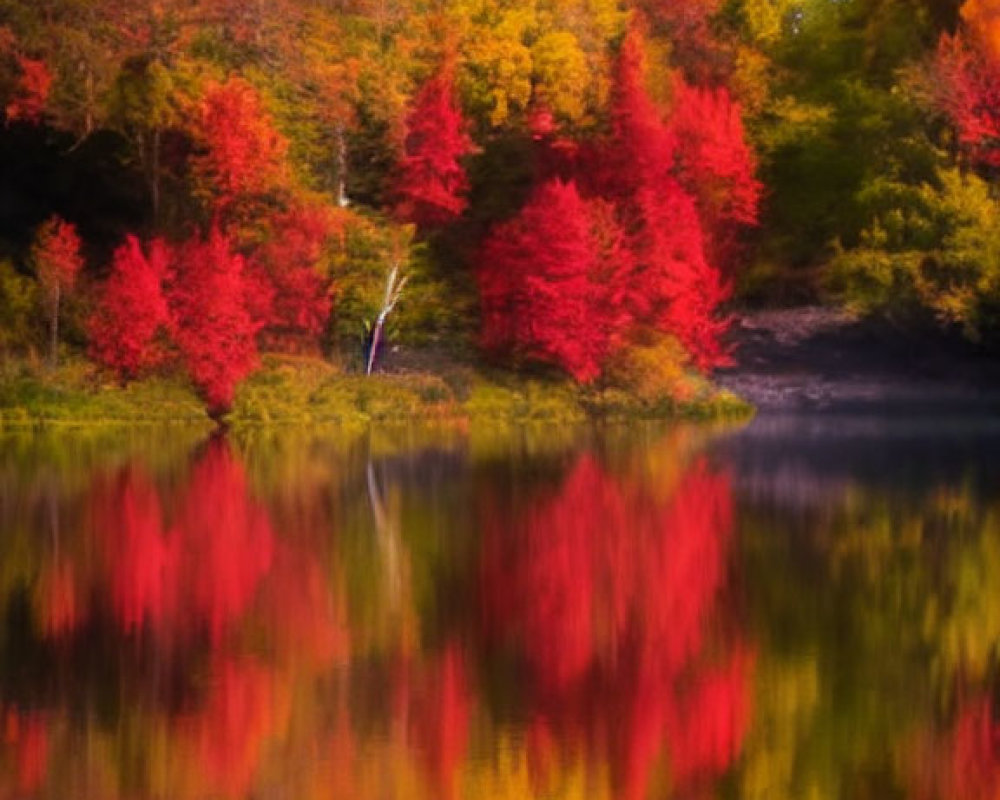 Scenic fall foliage reflecting on calm lake with red, orange, and yellow leaves