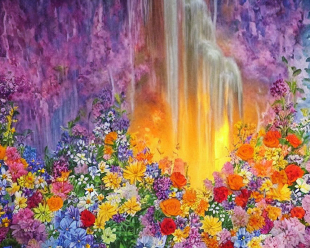 Colorful Watercolor Painting of Flowers and Golden Waterfall