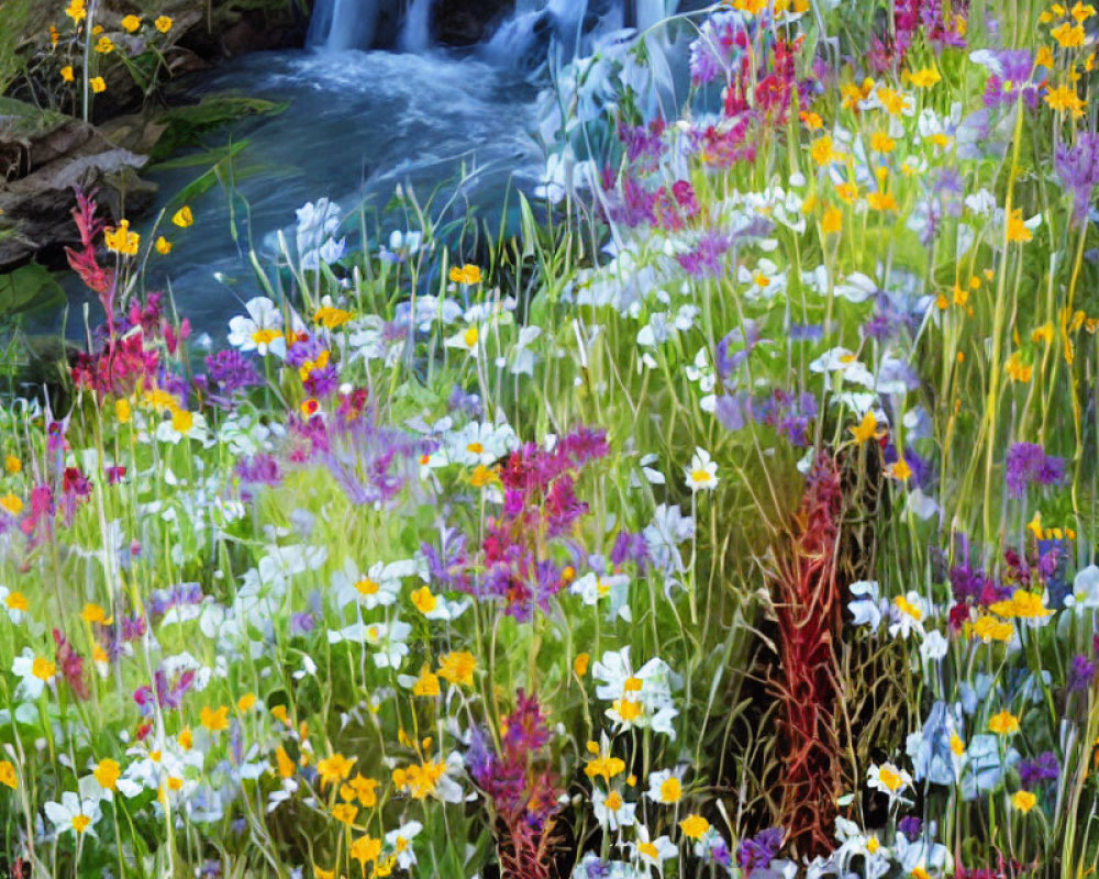 Colorful Wildflowers and Soft-focus Waterfall Scene