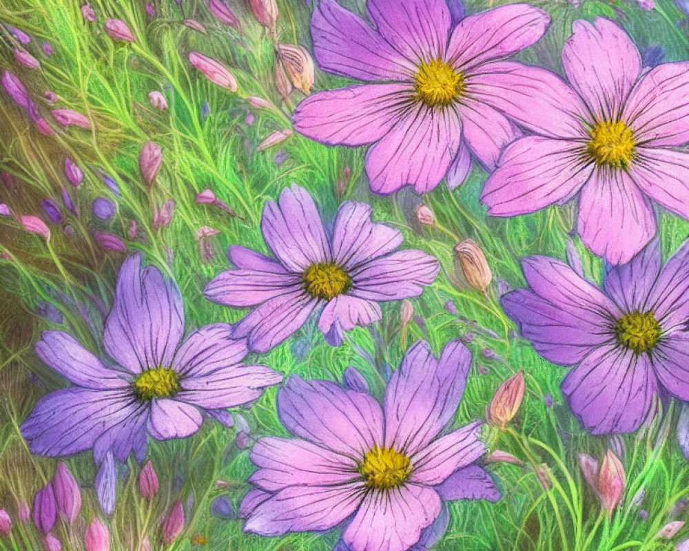 Detailed Purple Wildflowers Among Green Leaves and Buds