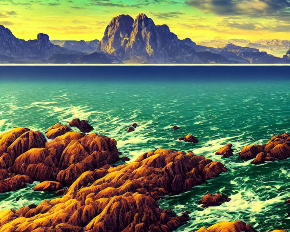 Scenic coastal landscape with turquoise sea and mountain peaks