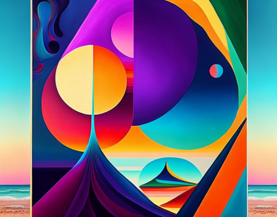 Colorful Abstract Artwork: Fluid Shapes & Gradients Merge Beach Scene into Surreal Composition