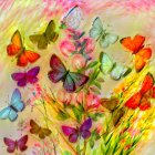 Vibrant butterflies with diverse wing patterns on colorful starry backdrop