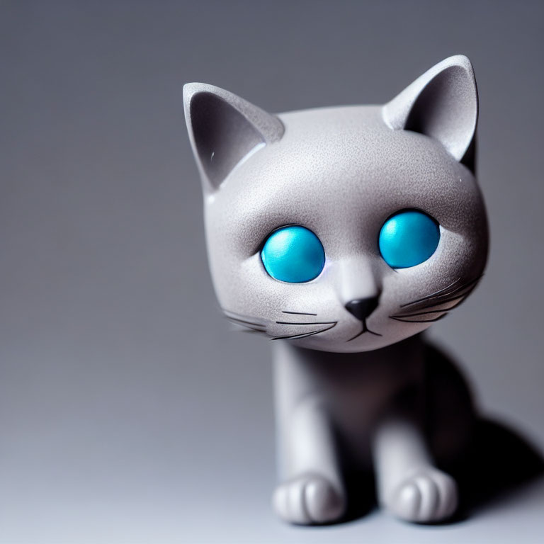 Stylized gray cat figurine with vibrant blue eyes on gray background