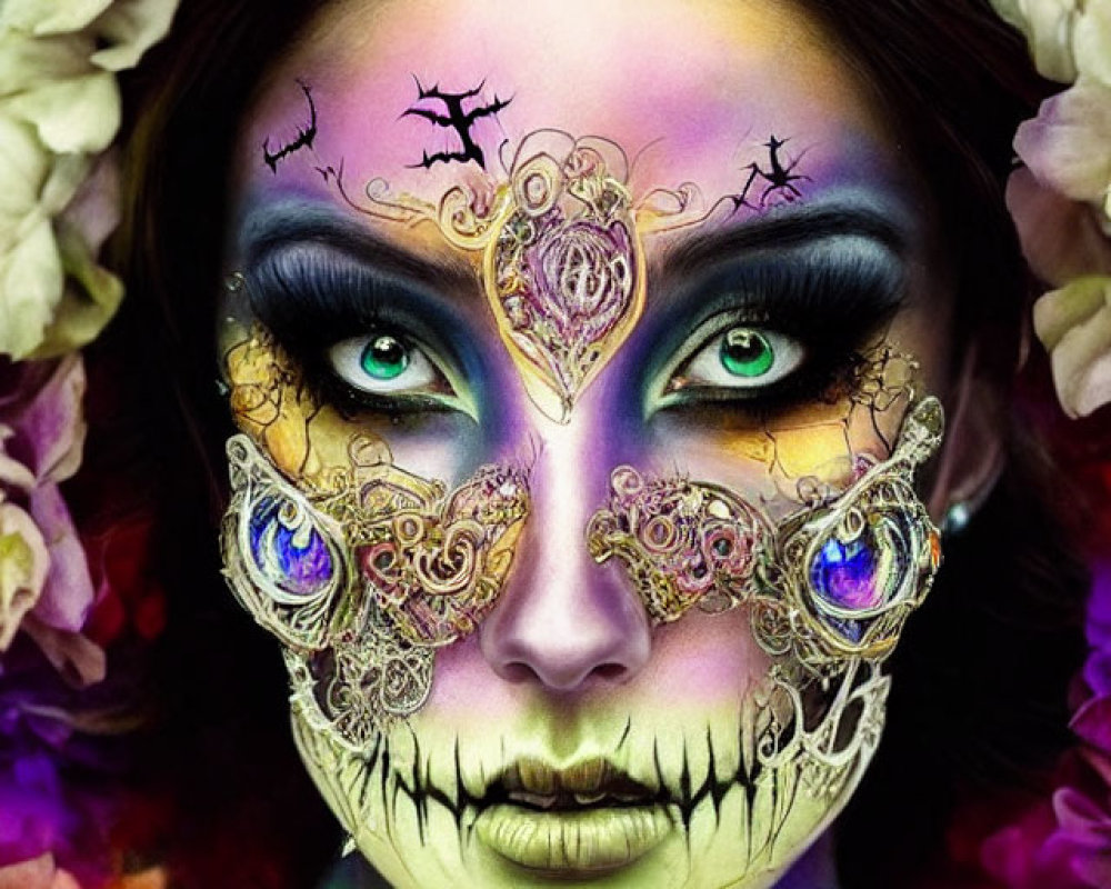 Elaborate fantasy makeup with golden filigree mask and floral crown