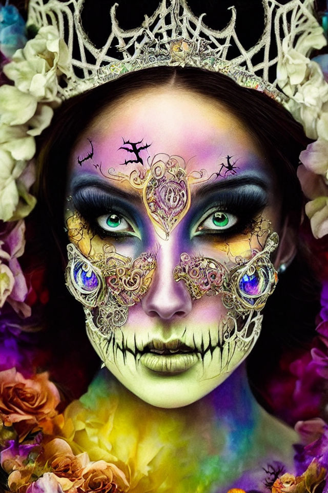 Elaborate fantasy makeup with golden filigree mask and floral crown