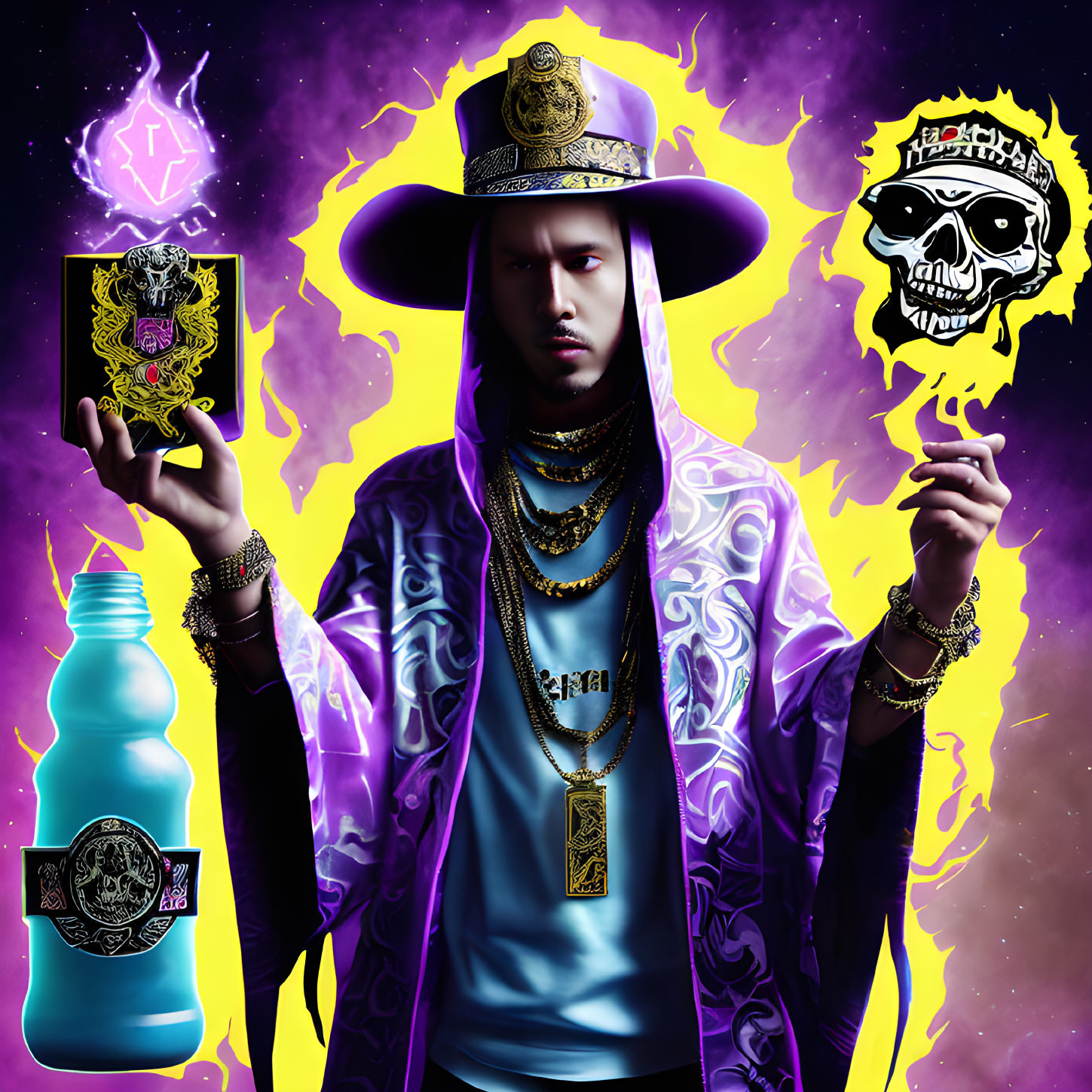 Purple-themed outfit with bold jewelry, card, bottle, lightning, and skull graphics on purple background