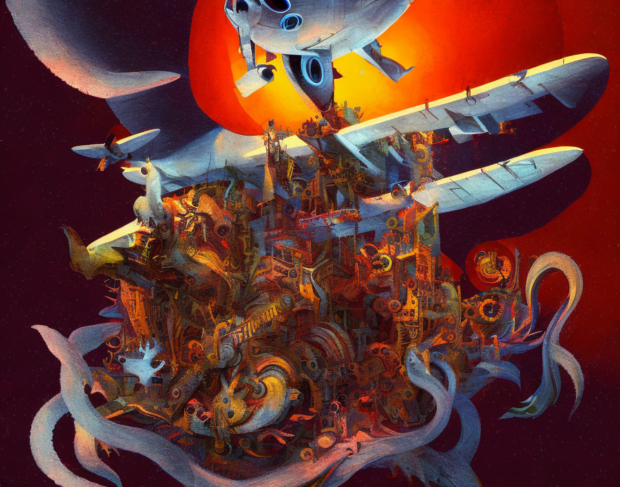 Vibrant artwork of flying city with tentacles, red planet, and aircraft