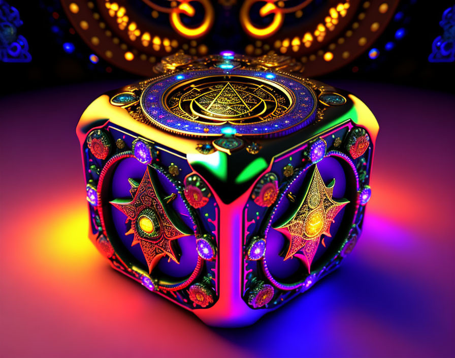 Colorful Ornate Cube with Neon Patterns on Psychedelic Background