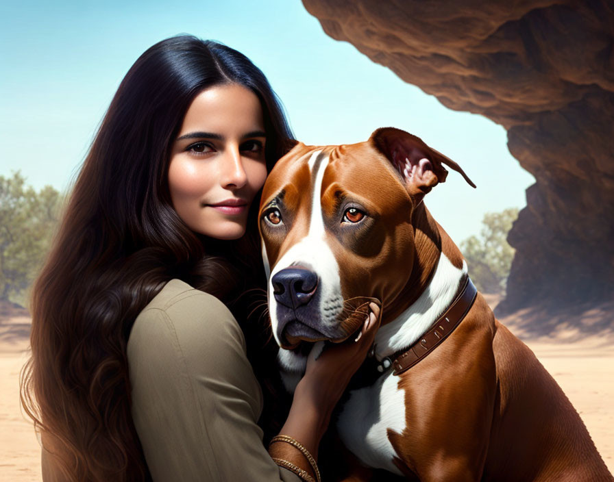 Woman with Long Dark Hair Embracing Dog in Desert Setting