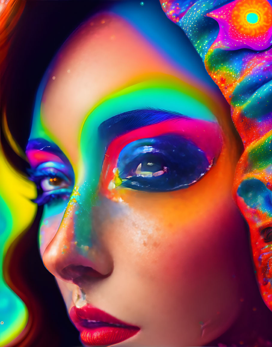 Vibrant neon paint on woman's face creates abstract, artistic look