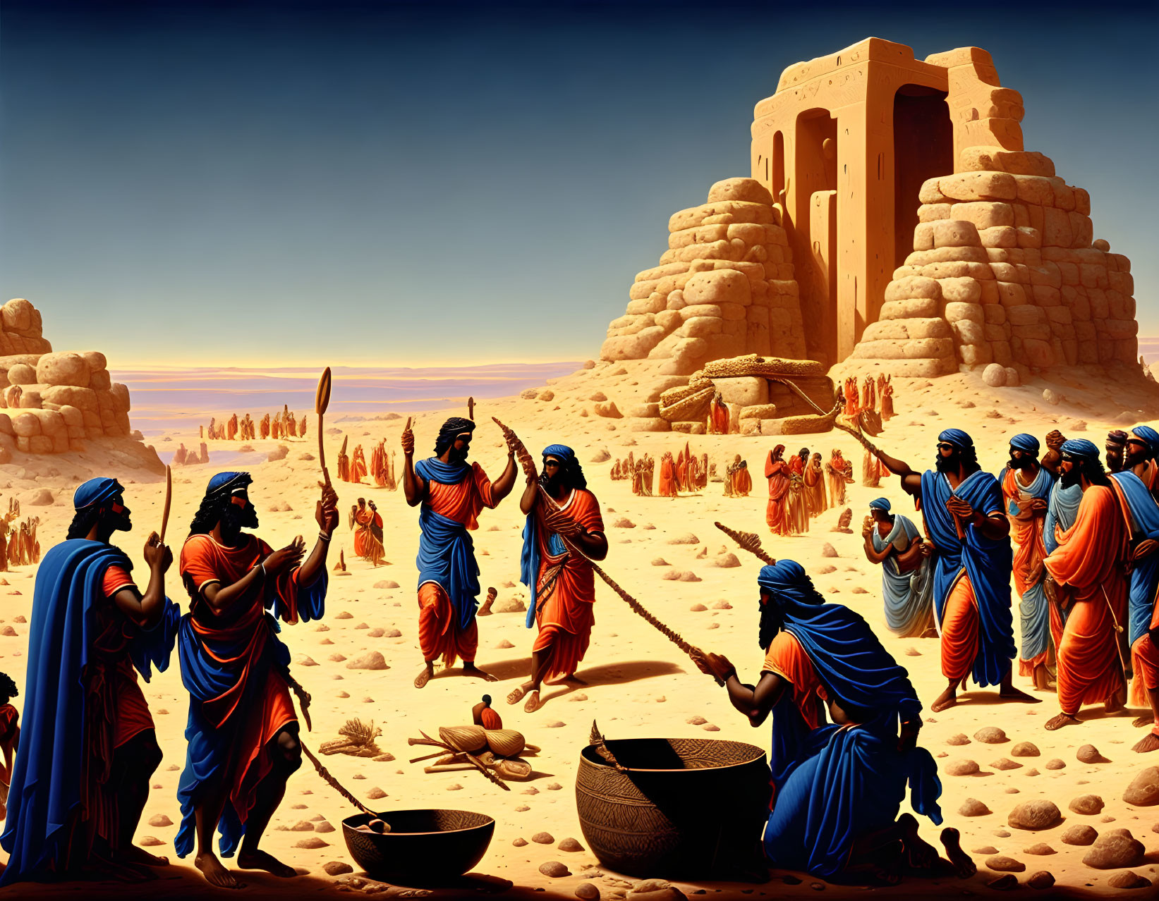 Desert Scene with Blue-Robed Figures and Sandstone Structures