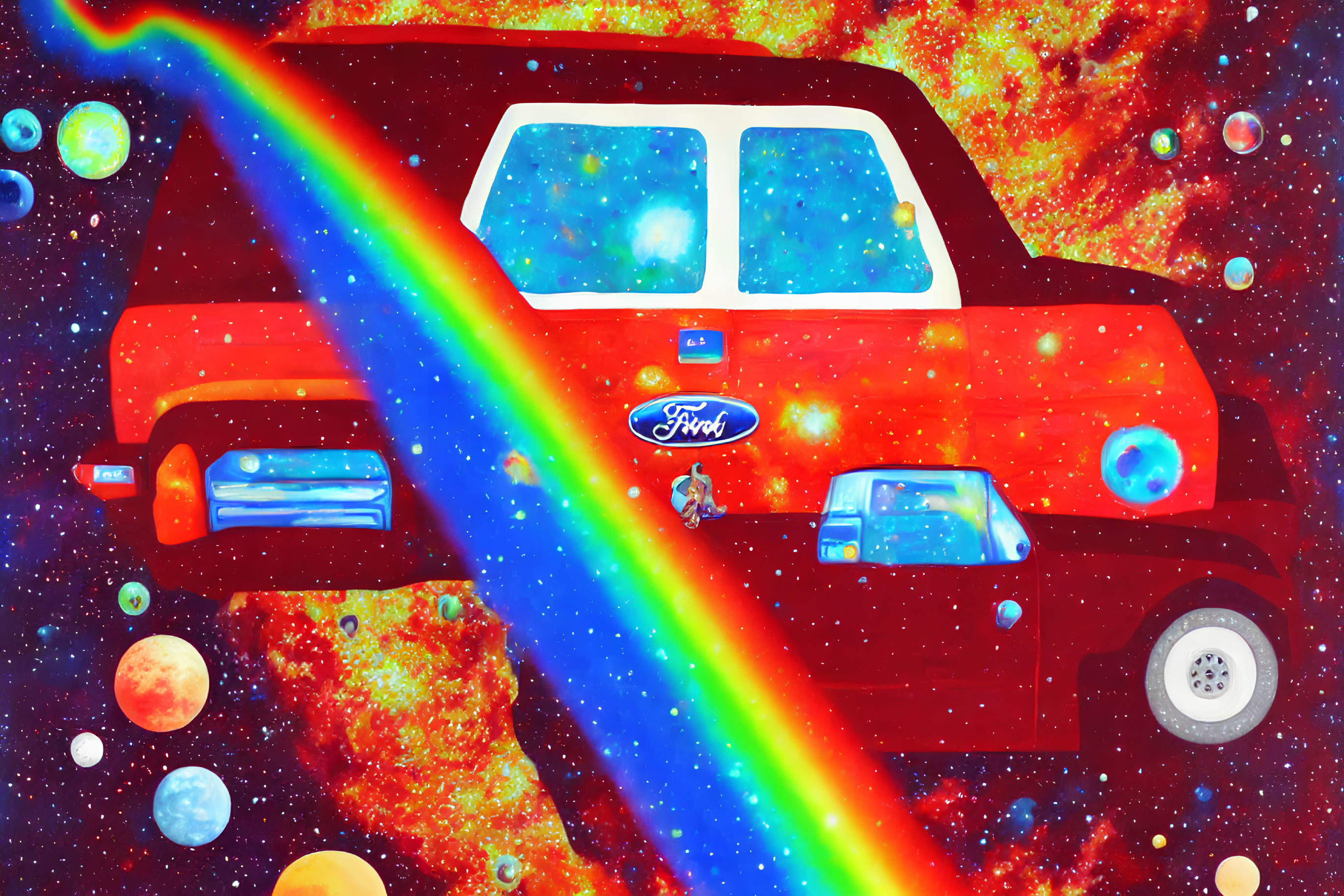 Colorful Red Ford Truck Flying Through Cosmic Space Scene with Stars, Planets, and Rainbow Trail