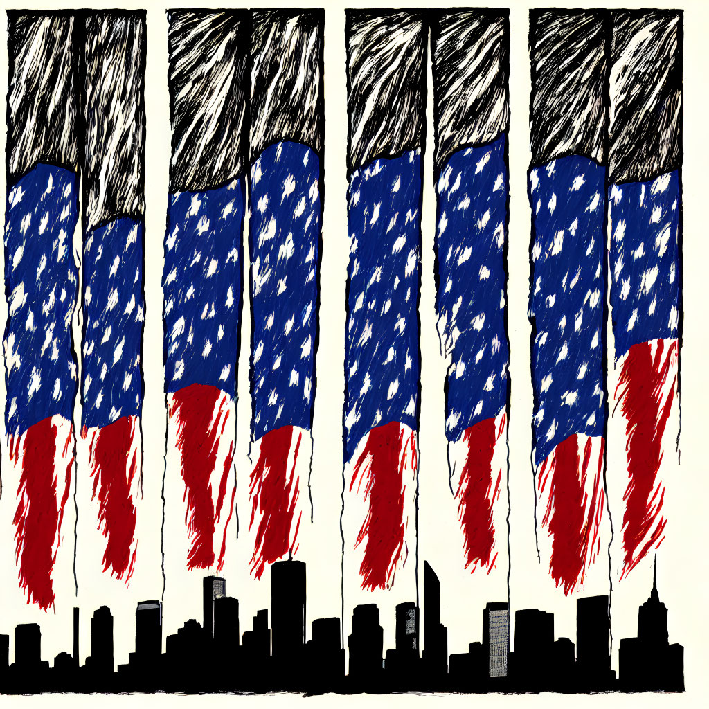 Distressed American flag over stylized city skyline with bleeding red and blue colors