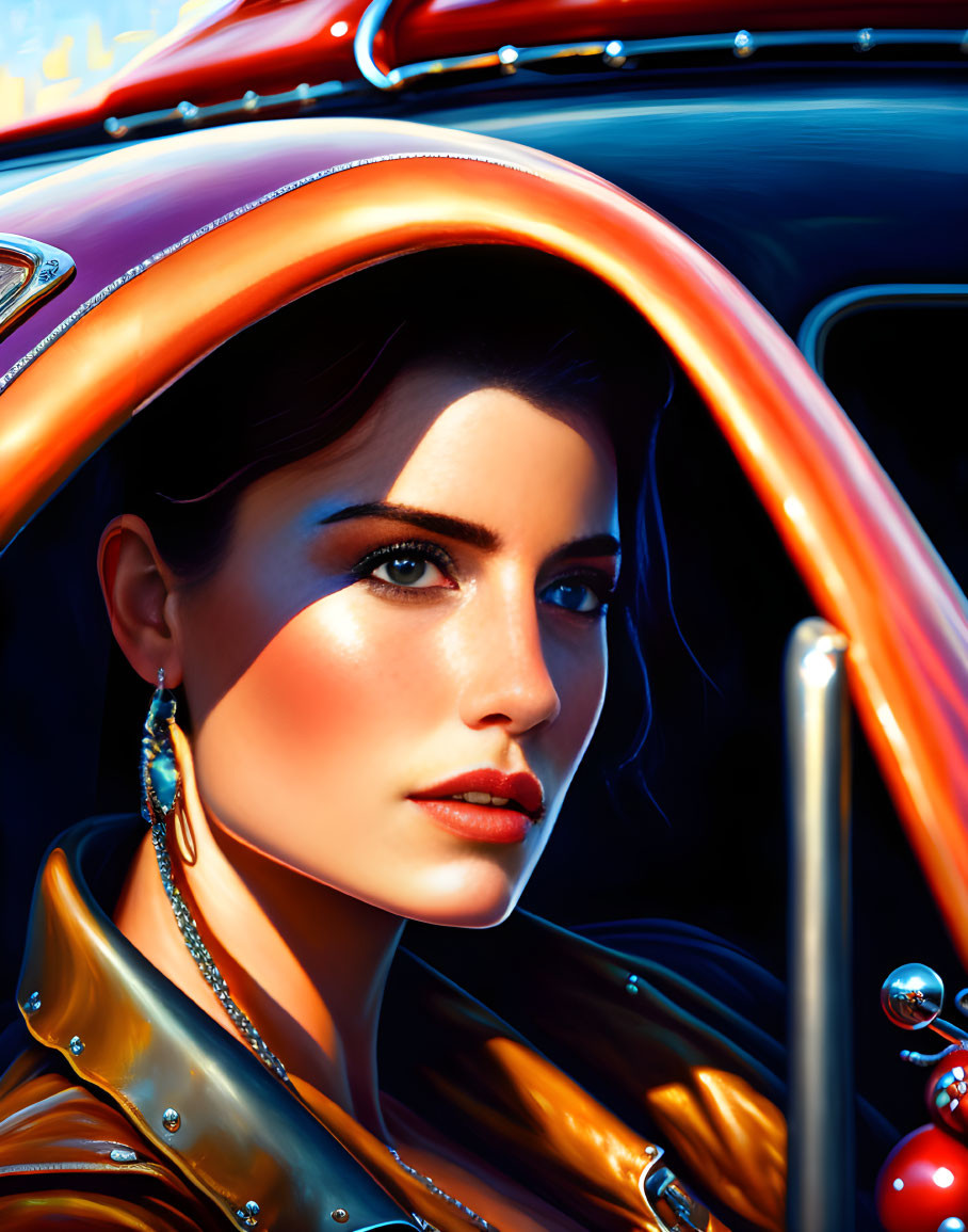 Stylized portrait of woman with dark hair in retro car under red and blue lighting