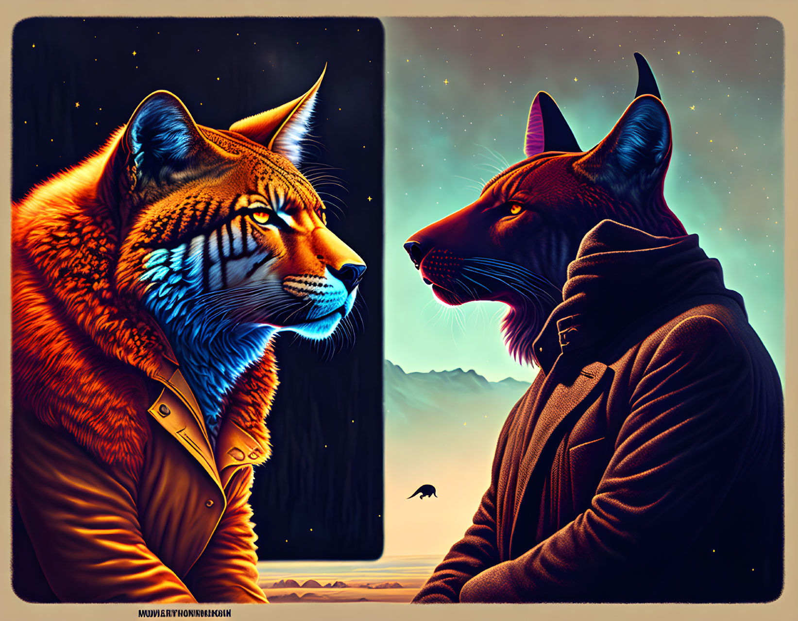 Anthropomorphic felines in stylish jackets under starry sky with mountains and bird.