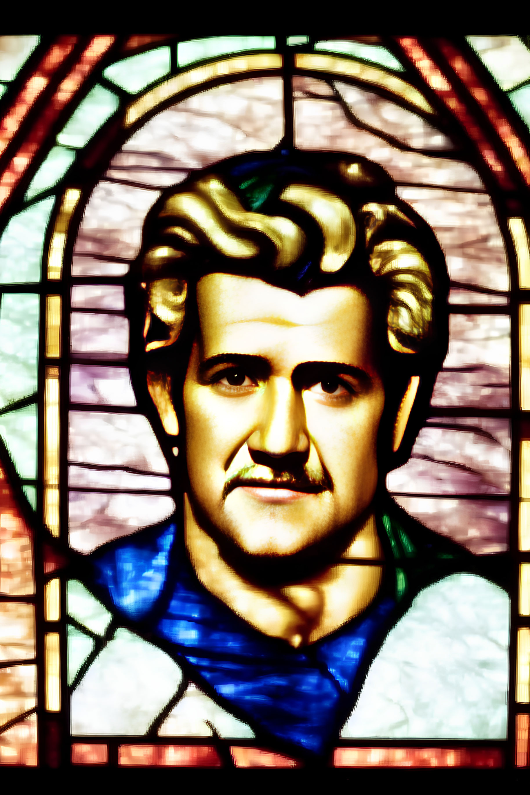 Man with Wavy Hair and Mustache in Warm Toned Stained Glass