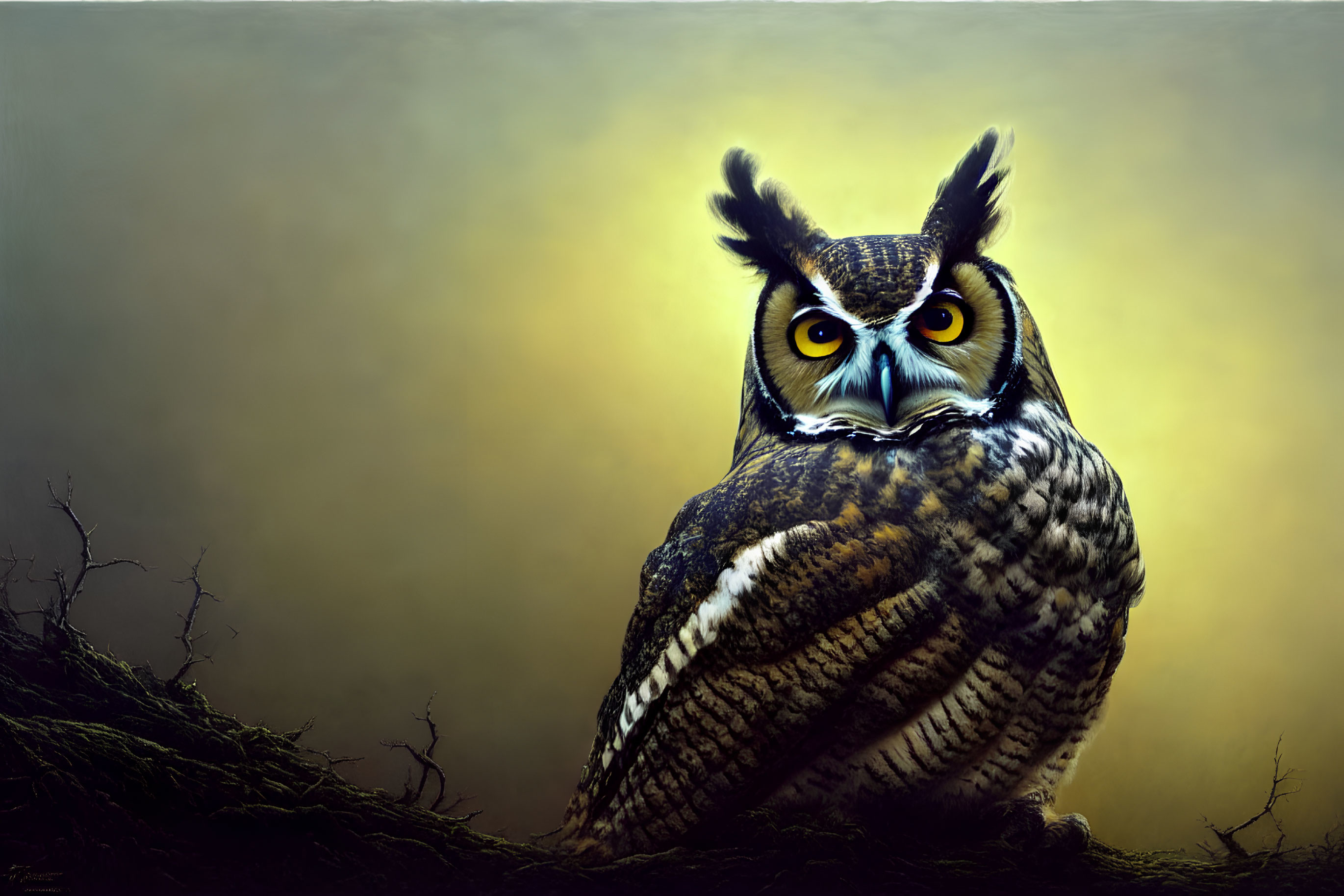 Great Horned Owl perched on branch with piercing yellow eyes and ear tufts