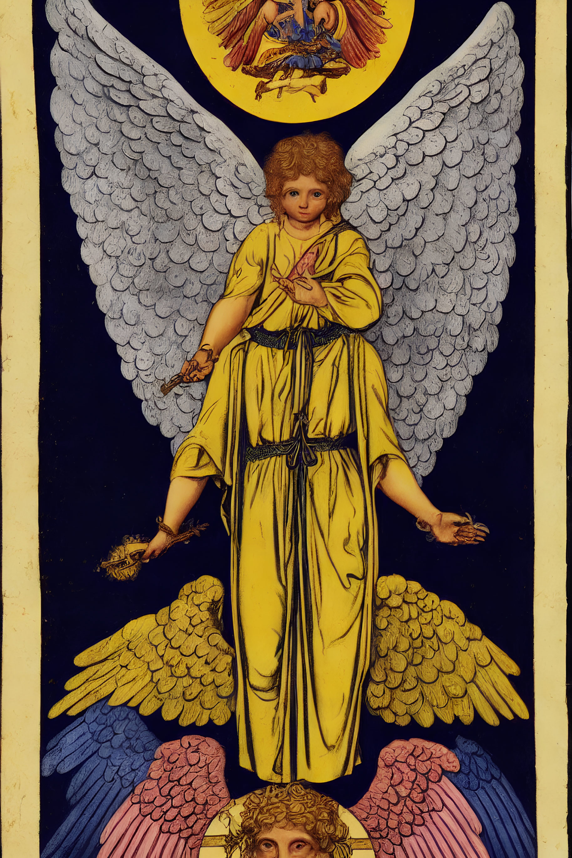 Illustration of angel in yellow robe with large wings and haloed figure above