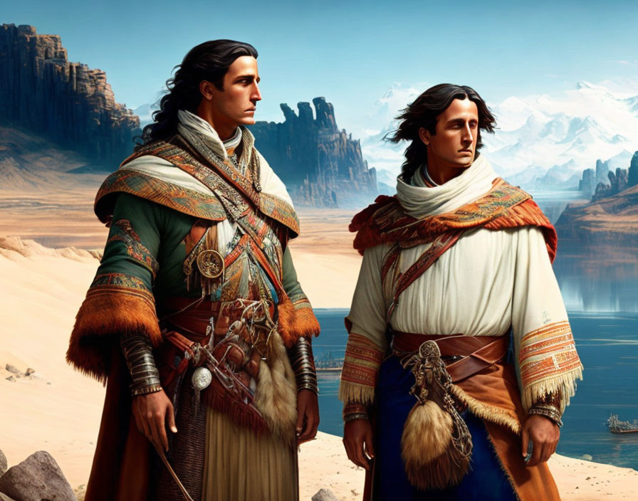 Traditional attire animated characters in desert with rock formations