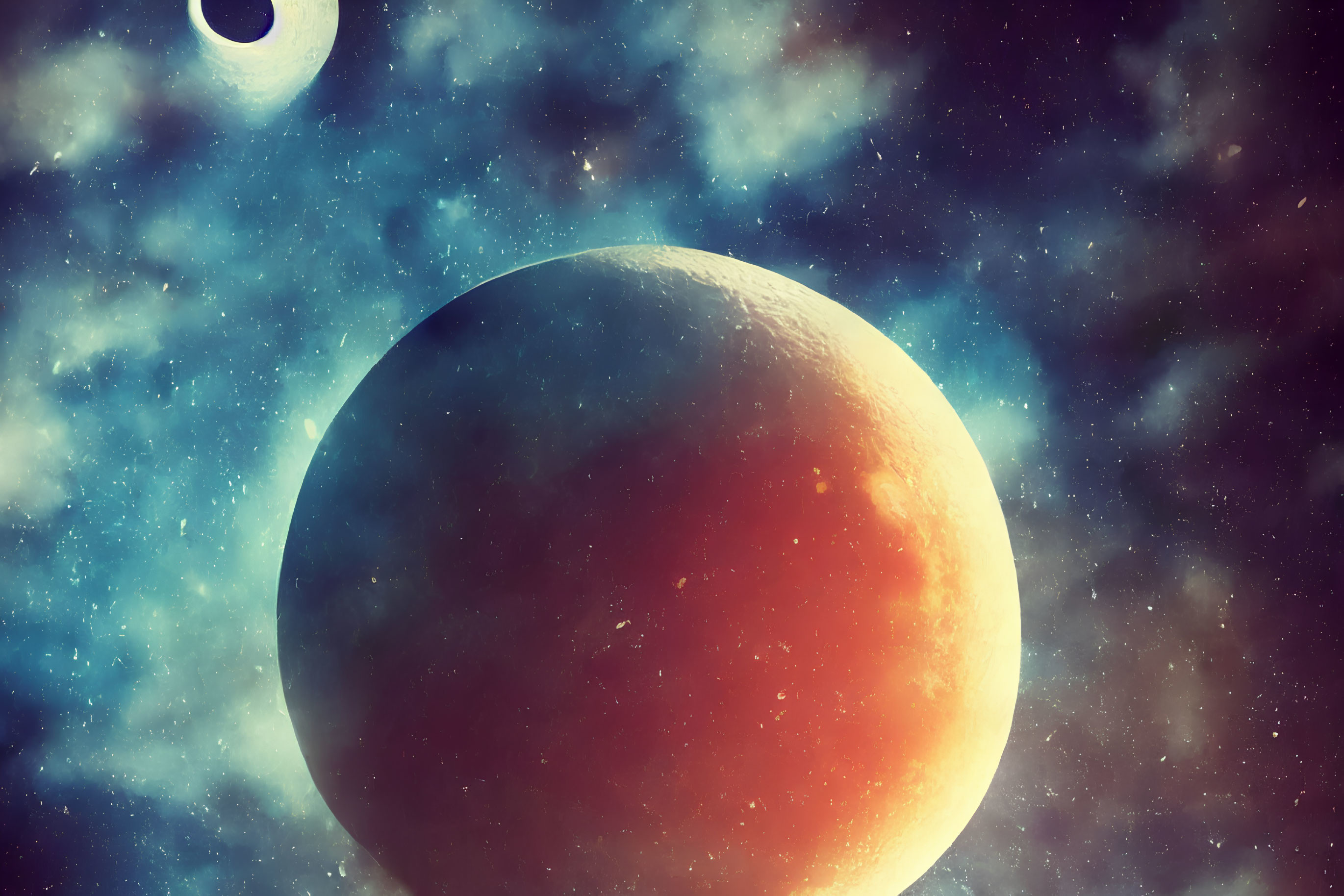 Large Red Planet and Smaller Celestial Body in Cosmic Scene