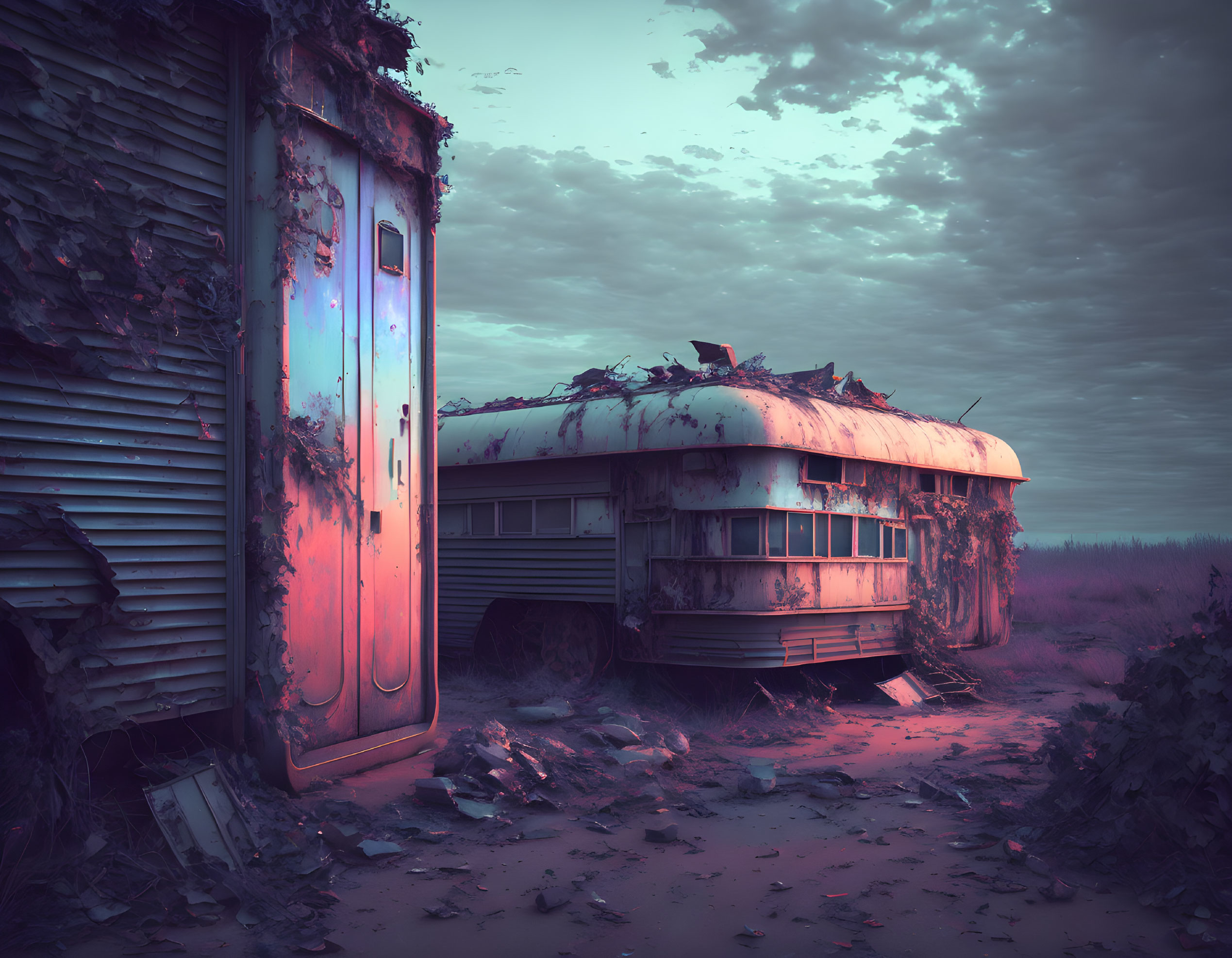 Abandoned bus and dilapidated booth overgrown with plants at dusk