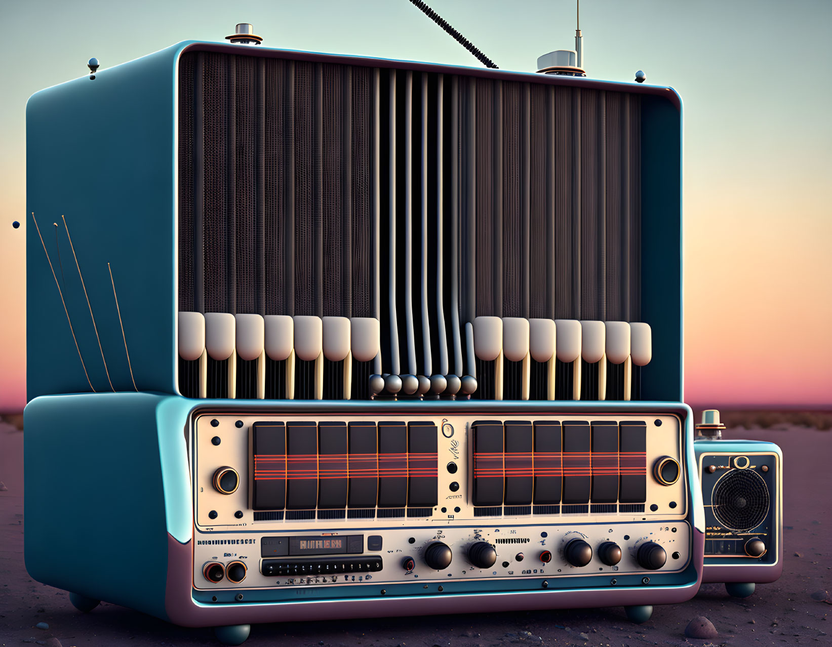 Vintage turquoise radio with dials, antenna, and speakers on pink sky backdrop