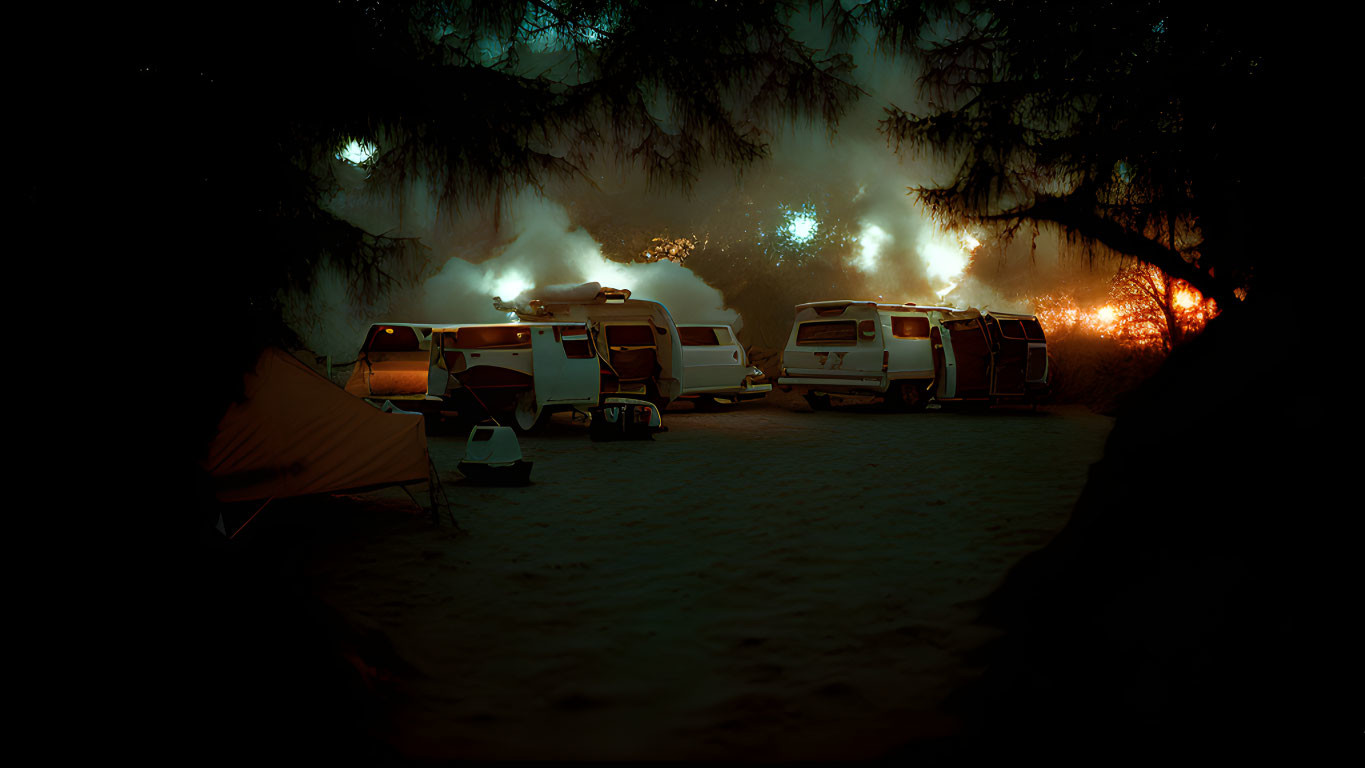 Night-time campground with tents, RVs, glowing fire, and string lights